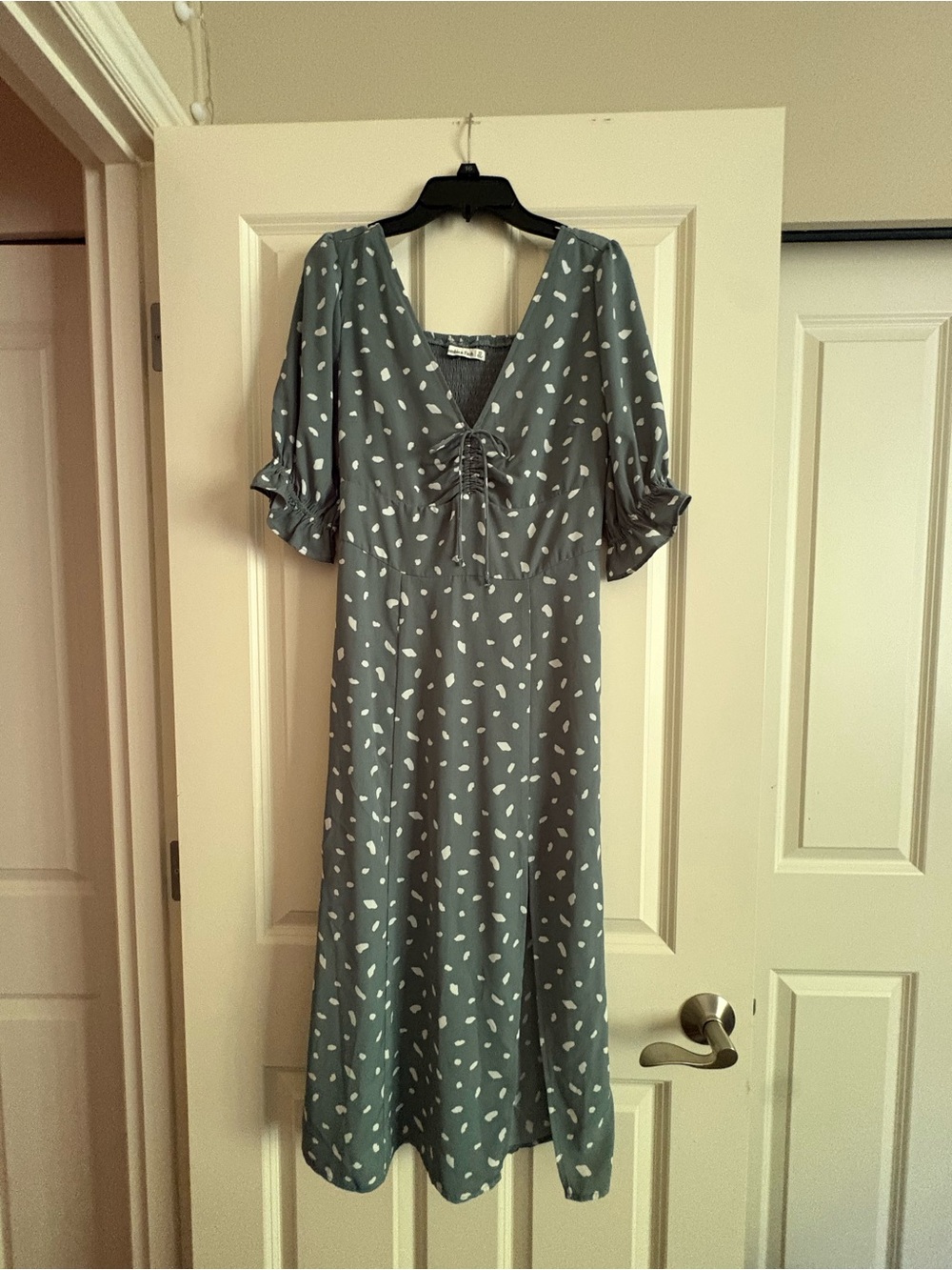 Abercrombie & Fitch Slate Blue/Grey Midi Dress with White Spot Print